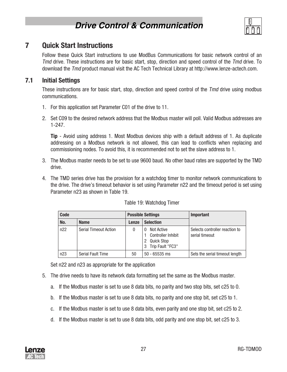 Drive control & communication, 7quick start instructions, 1 initial settings | Lenze Tmd Series Drives Modbus Communications User Manual | Page 31 / 34
