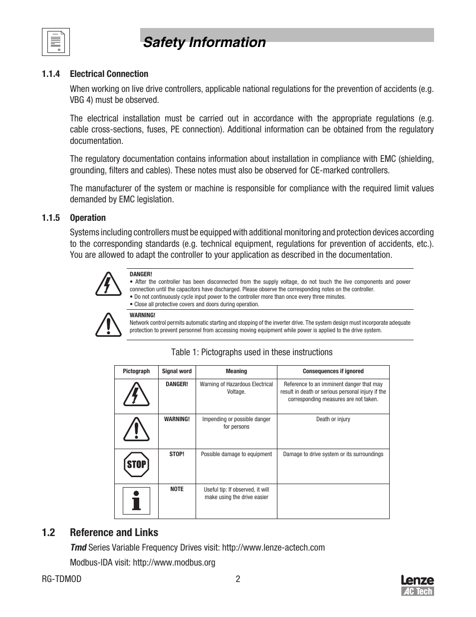 Safety information, 2 reference and links, Rg-tdmod 2 | Table 1: pictographs used in these instructions | Lenze Tmd Series Drives Modbus Communications User Manual | Page 6 / 34