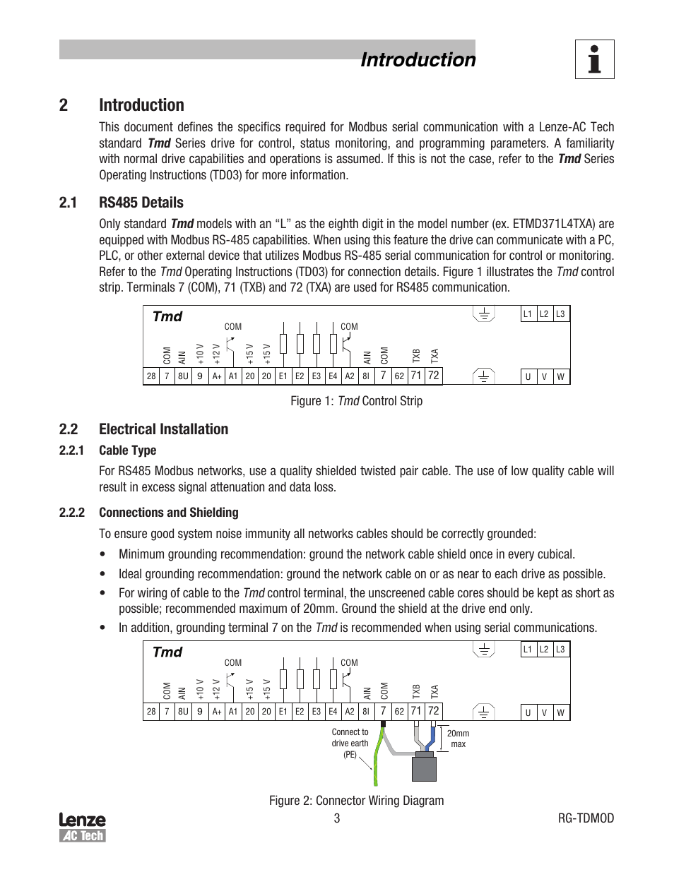 Introduction, 2 introduction, 1 rs485 details | 2 electrical installation, 3 rg-tdmod, Figure 1: tmd control strip, Figure 2: connector wiring diagram | Lenze Tmd Series Drives Modbus Communications User Manual | Page 7 / 34