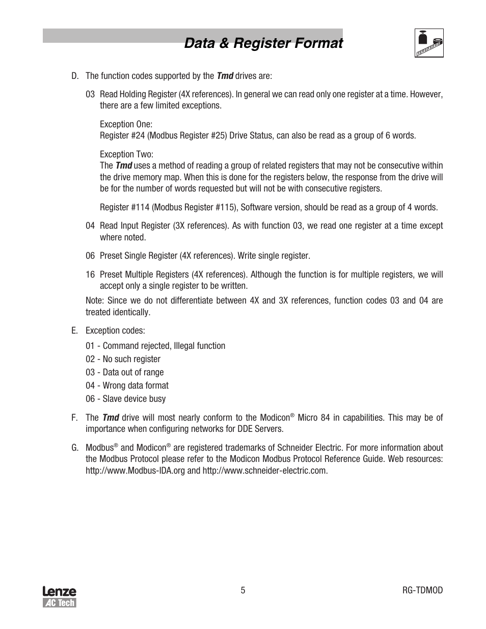 Data & register format | Lenze Tmd Series Drives Modbus Communications User Manual | Page 9 / 34