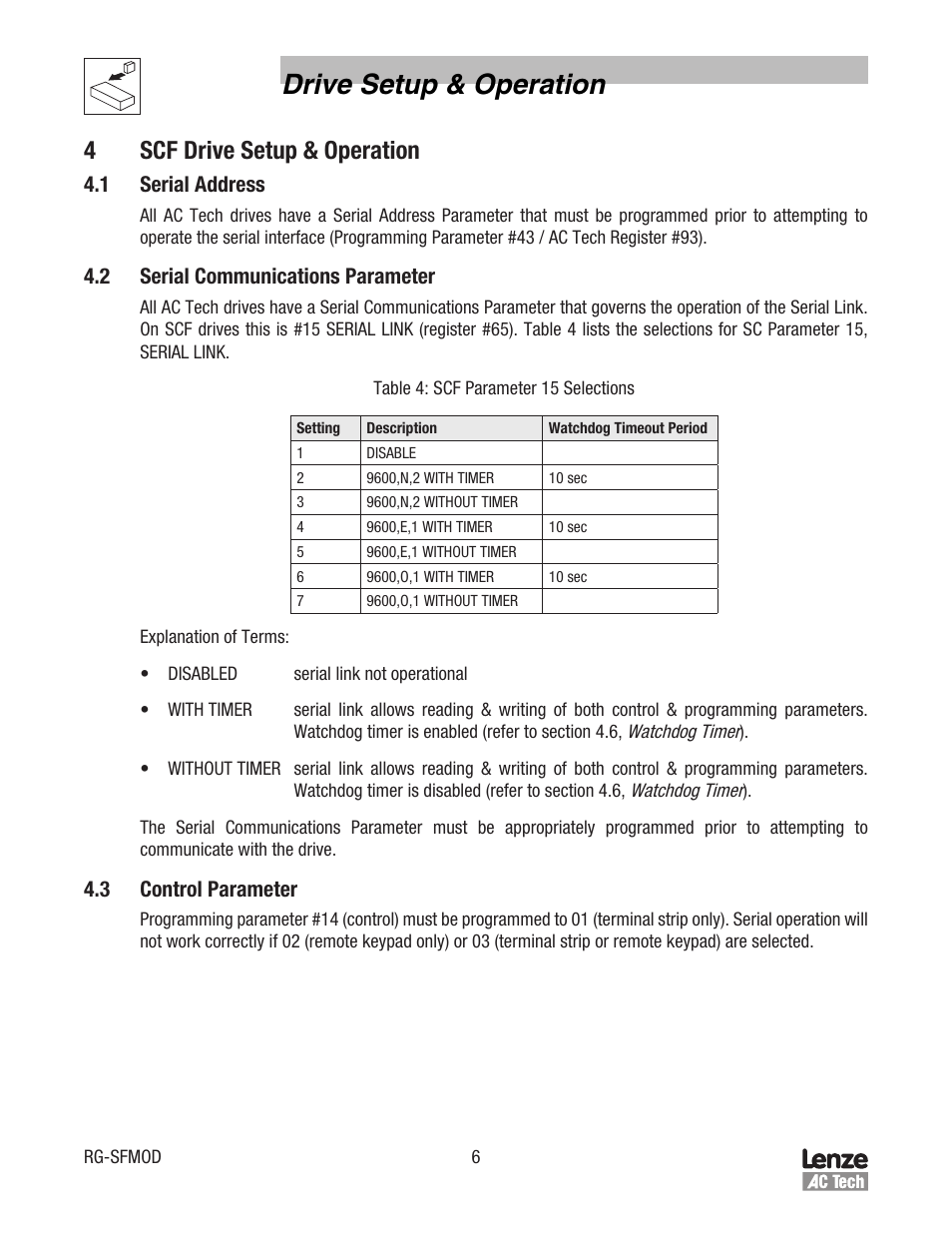 Drive setup & operation, 4scf drive setup & operation, 1 serial address | 2 serial communications parameter, 3 control parameter | Lenze SCF Series Drives Modbus Communications User Manual | Page 10 / 32