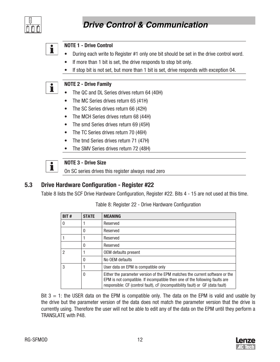 Drive control & communication, 3 drive hardware configuration - register #22 | Lenze SCF Series Drives Modbus Communications User Manual | Page 16 / 32