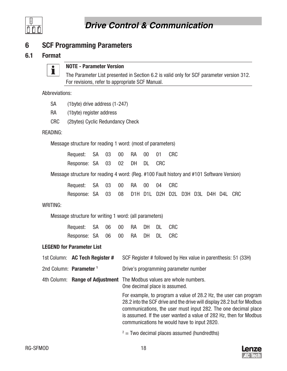 Drive control & communication, 6scf programming parameters | Lenze SCF Series Drives Modbus Communications User Manual | Page 22 / 32