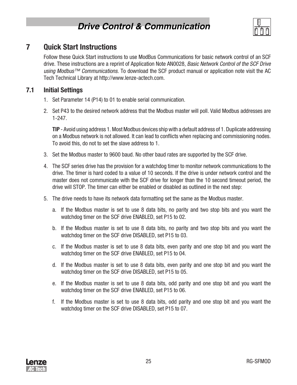Drive control & communication, 7quick start instructions | Lenze SCF Series Drives Modbus Communications User Manual | Page 29 / 32