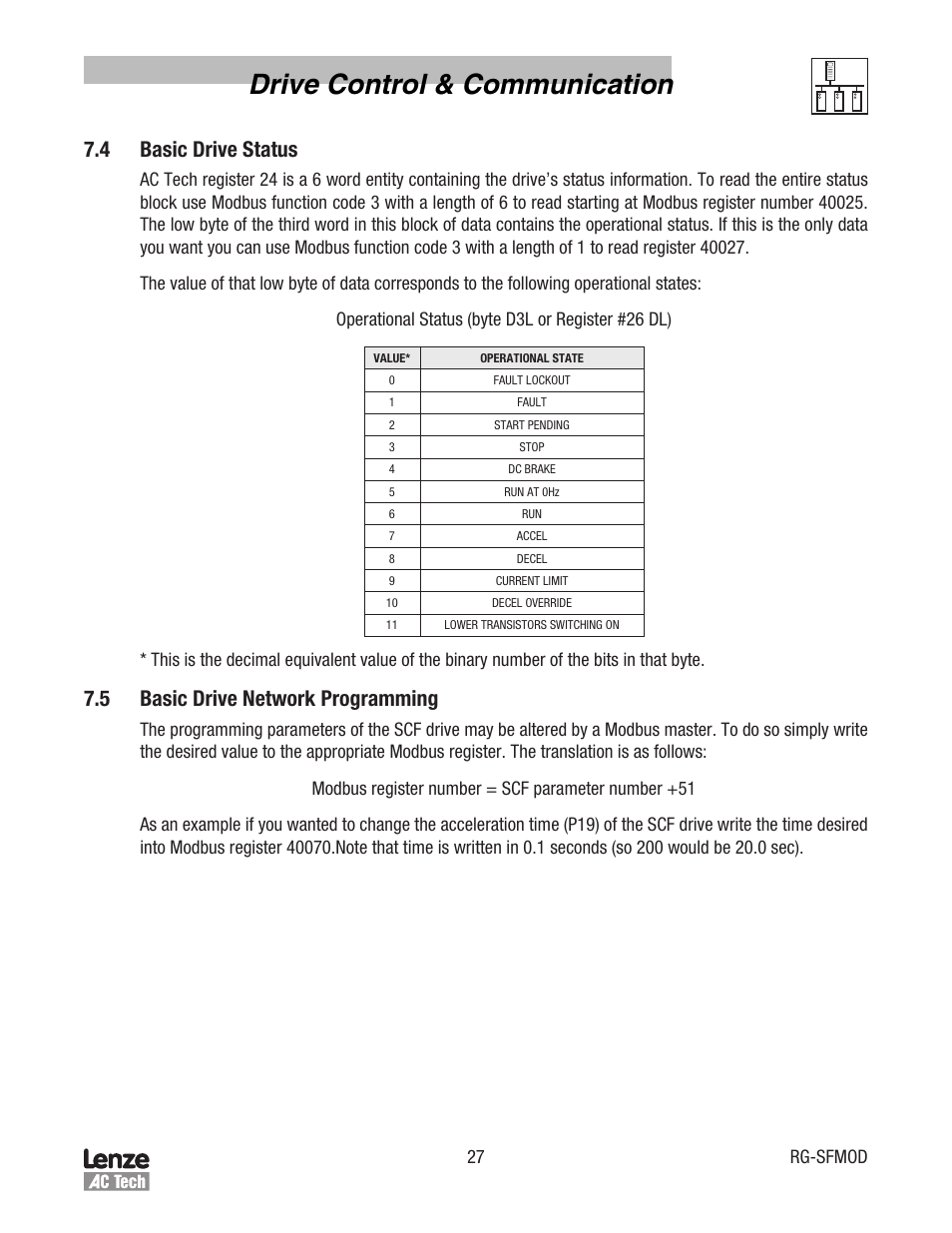 Drive control & communication, 4 basic drive status, 5 basic drive network programming | 27 rg-sfmod | Lenze SCF Series Drives Modbus Communications User Manual | Page 31 / 32