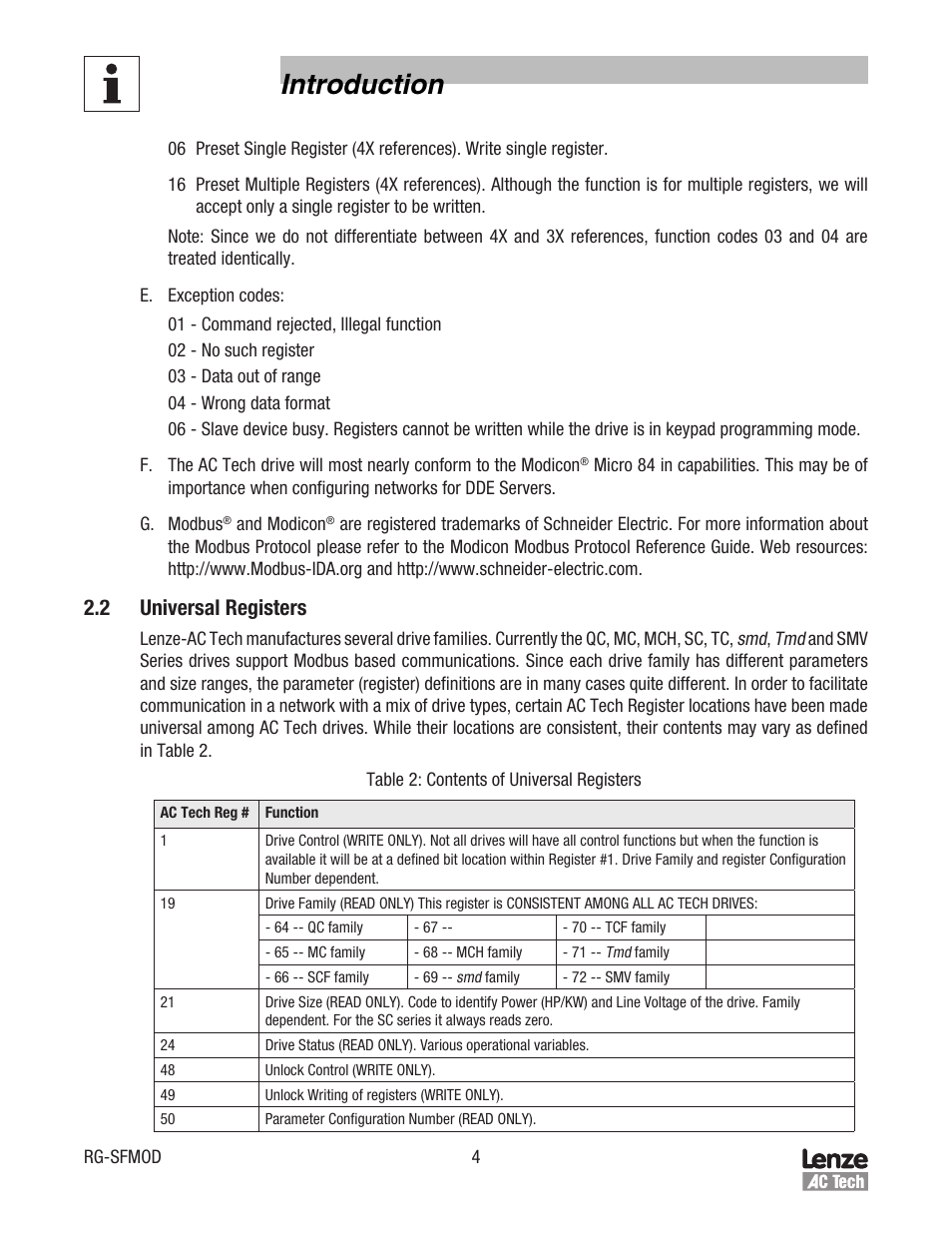 Introduction, 2 universal registers | Lenze SCF Series Drives Modbus Communications User Manual | Page 8 / 32