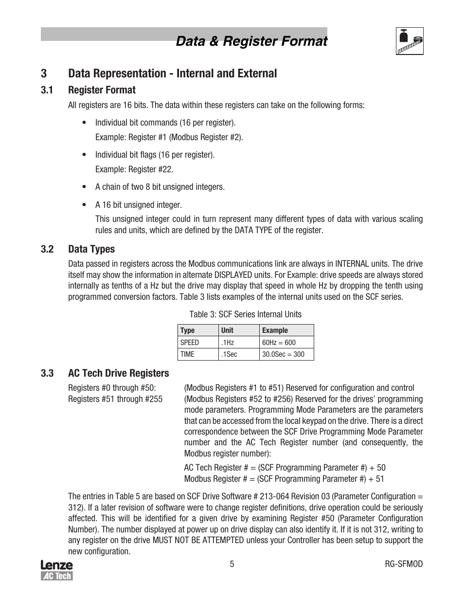 Data & register format, 3data representation - internal and external | Lenze SCF Series Drives Modbus Communications User Manual | Page 9 / 32