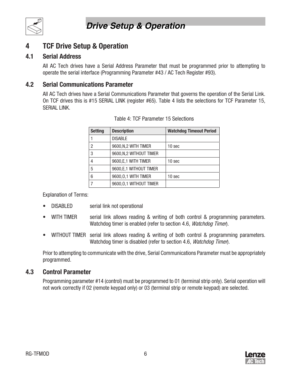 Drive setup & operation, 4tcf drive setup & operation, 1 serial address | 2 serial communications parameter, 3 control parameter | Lenze TCF Series Drives Modbus Communications User Manual | Page 10 / 33