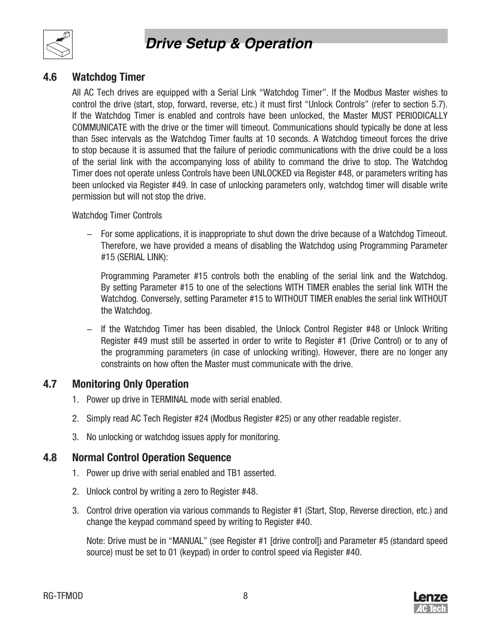 Drive setup & operation | Lenze TCF Series Drives Modbus Communications User Manual | Page 12 / 33