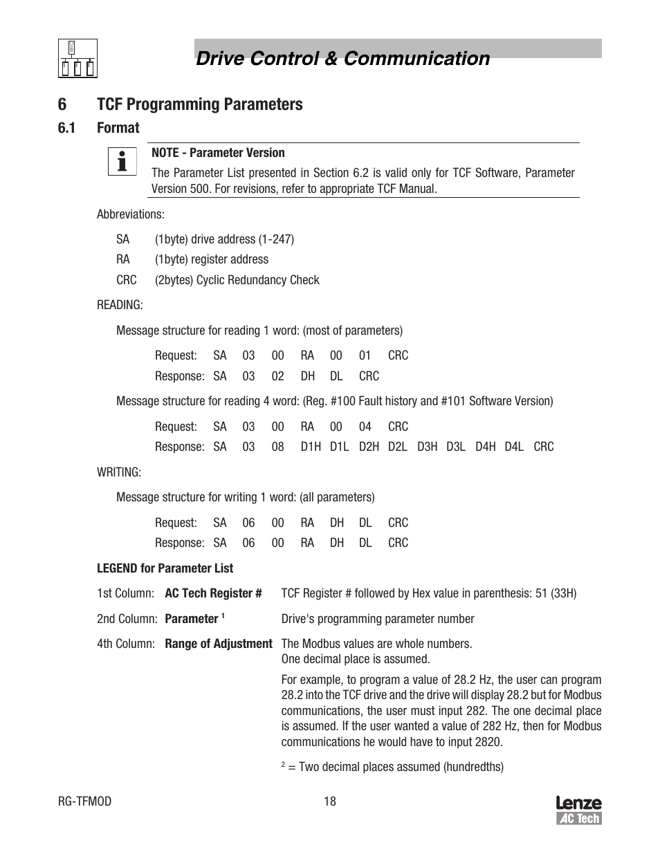 Drive control & communication, 6tcf programming parameters | Lenze TCF Series Drives Modbus Communications User Manual | Page 22 / 33