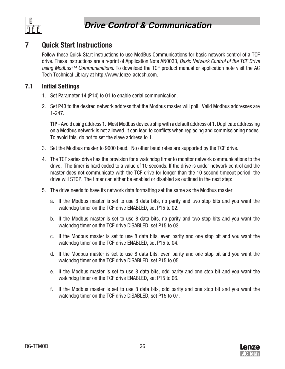 Drive control & communication, 7quick start instructions | Lenze TCF Series Drives Modbus Communications User Manual | Page 30 / 33