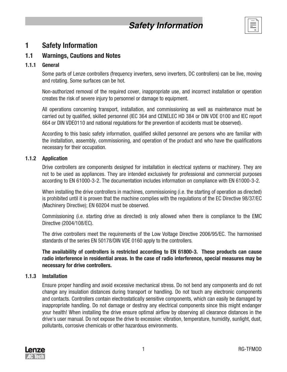 Safety information, 1safety information | Lenze TCF Series Drives Modbus Communications User Manual | Page 5 / 33