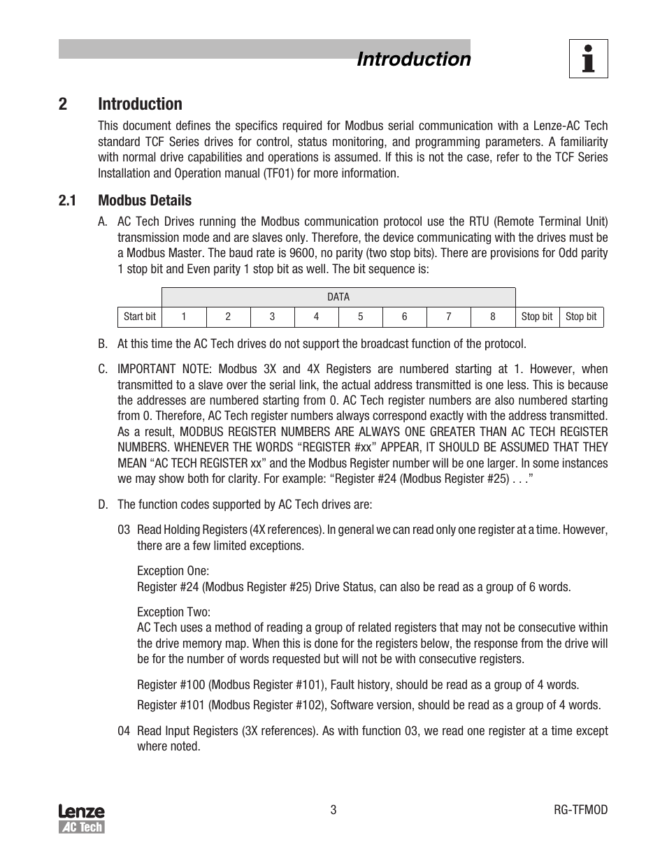 Introduction, 2 introduction, 1 modbus details | Lenze TCF Series Drives Modbus Communications User Manual | Page 7 / 33