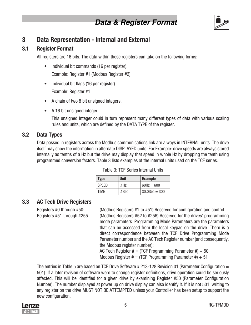 Data & register format, 3data representation - internal and external | Lenze TCF Series Drives Modbus Communications User Manual | Page 9 / 33