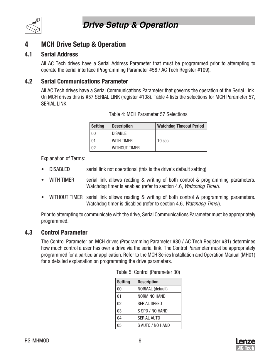 Drive setup & operation, 4mch drive setup & operation, 1 serial address | 2 serial communications parameter, 3 control parameter | Lenze MCH Series Drives Modbus Communications User Manual | Page 10 / 33