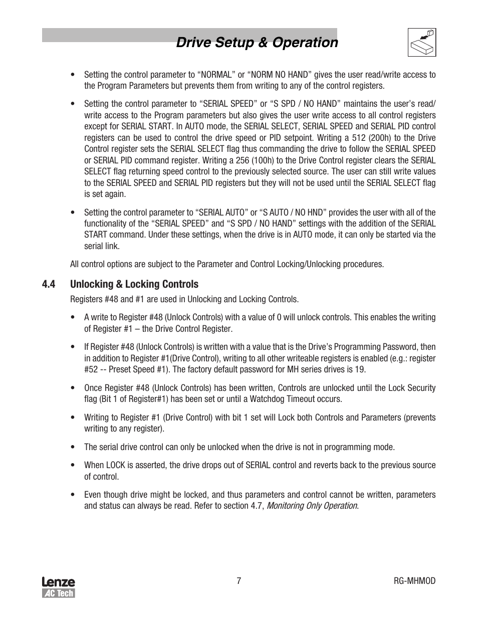 Drive setup & operation | Lenze MCH Series Drives Modbus Communications User Manual | Page 11 / 33
