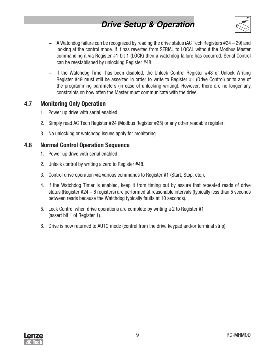 Drive setup & operation | Lenze MCH Series Drives Modbus Communications User Manual | Page 13 / 33