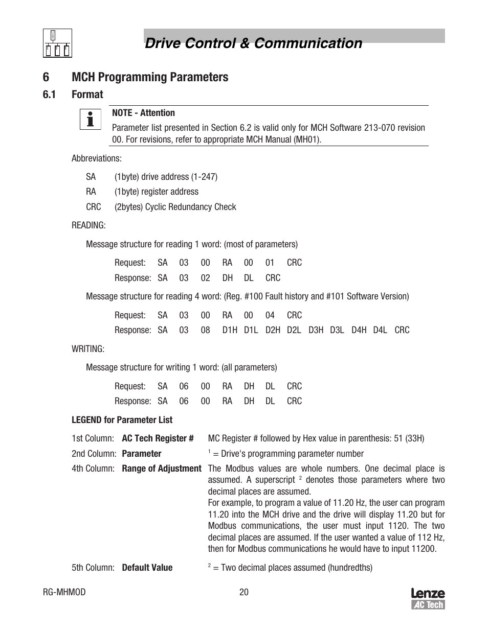 Drive control & communication, 6mch programming parameters | Lenze MCH Series Drives Modbus Communications User Manual | Page 24 / 33