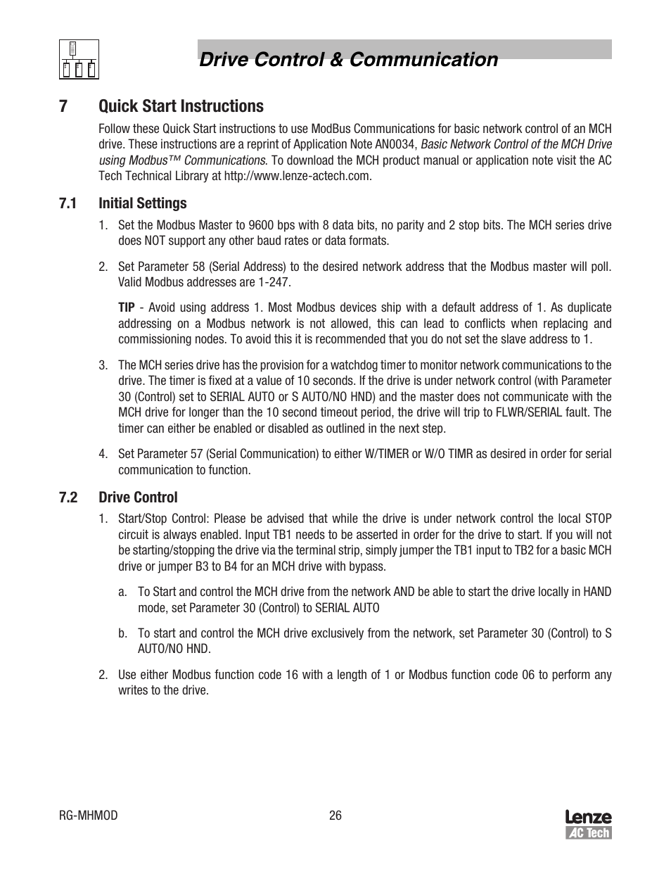 Drive control & communication, 7quick start instructions | Lenze MCH Series Drives Modbus Communications User Manual | Page 30 / 33