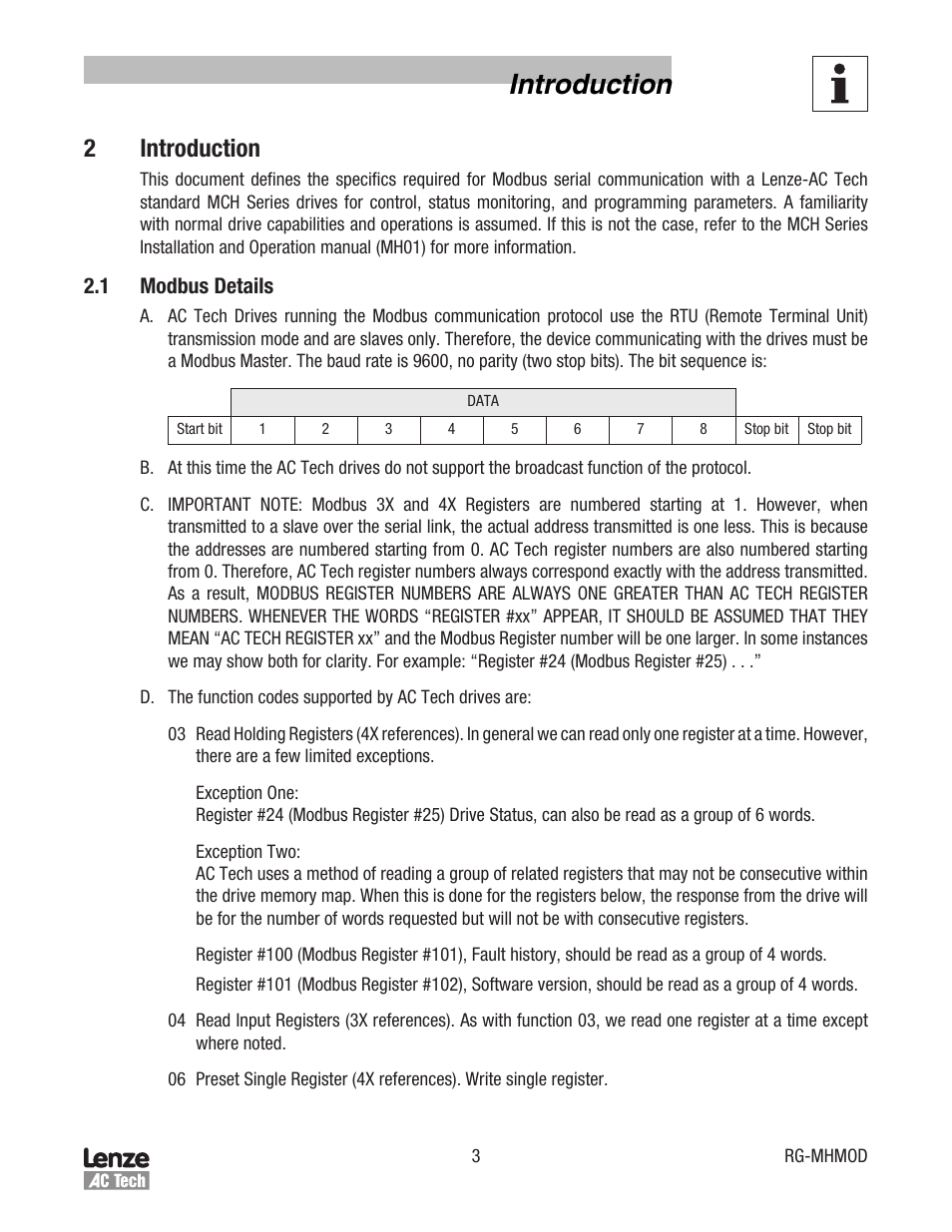 Introduction, 2 introduction, 1 modbus details | Lenze MCH Series Drives Modbus Communications User Manual | Page 7 / 33
