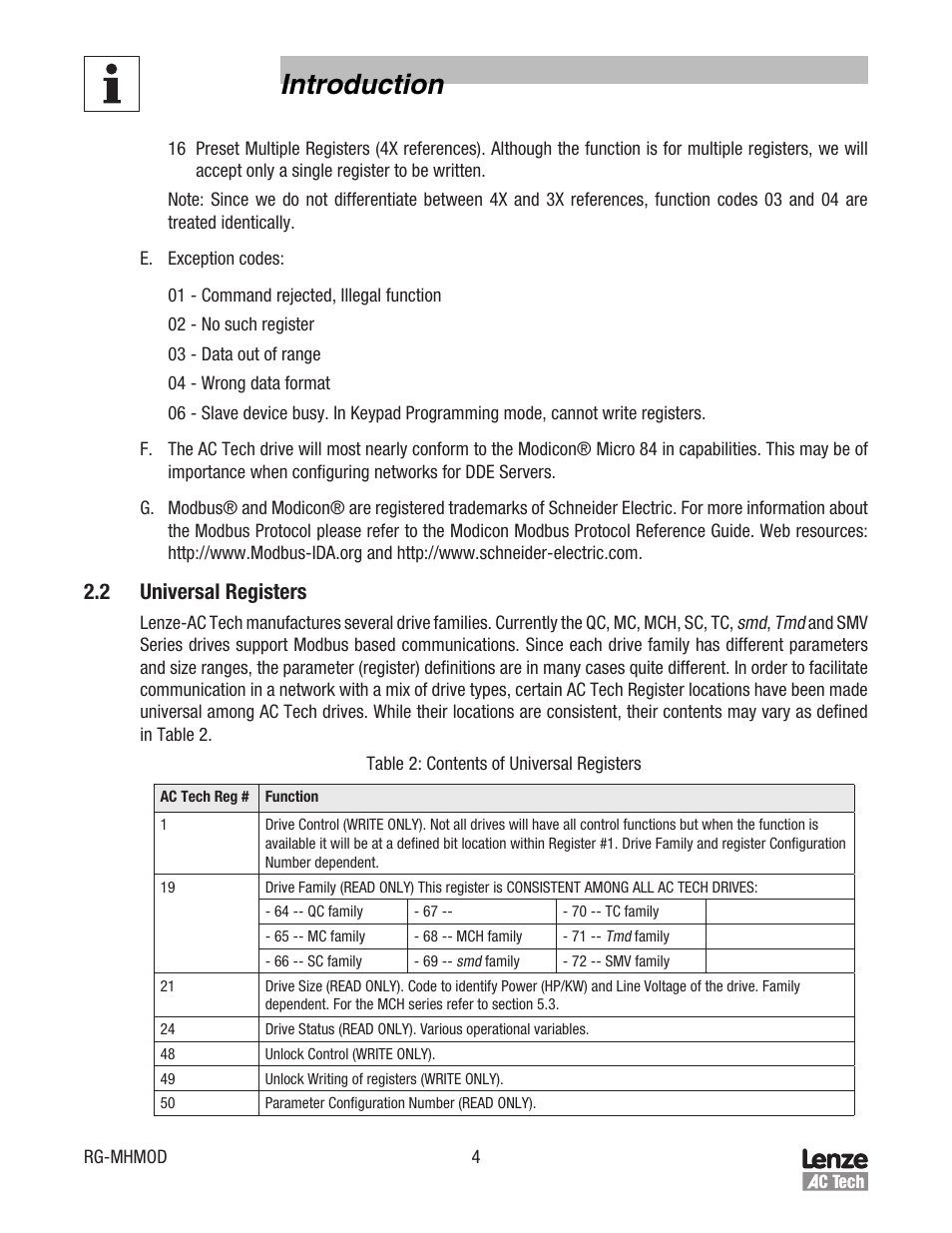 Introduction, 2 universal registers | Lenze MCH Series Drives Modbus Communications User Manual | Page 8 / 33