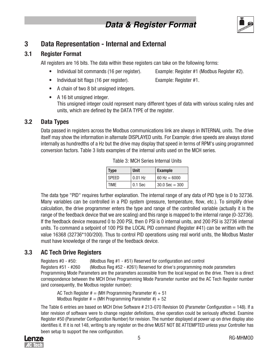 Data & register format, 3data representation - internal and external | Lenze MCH Series Drives Modbus Communications User Manual | Page 9 / 33
