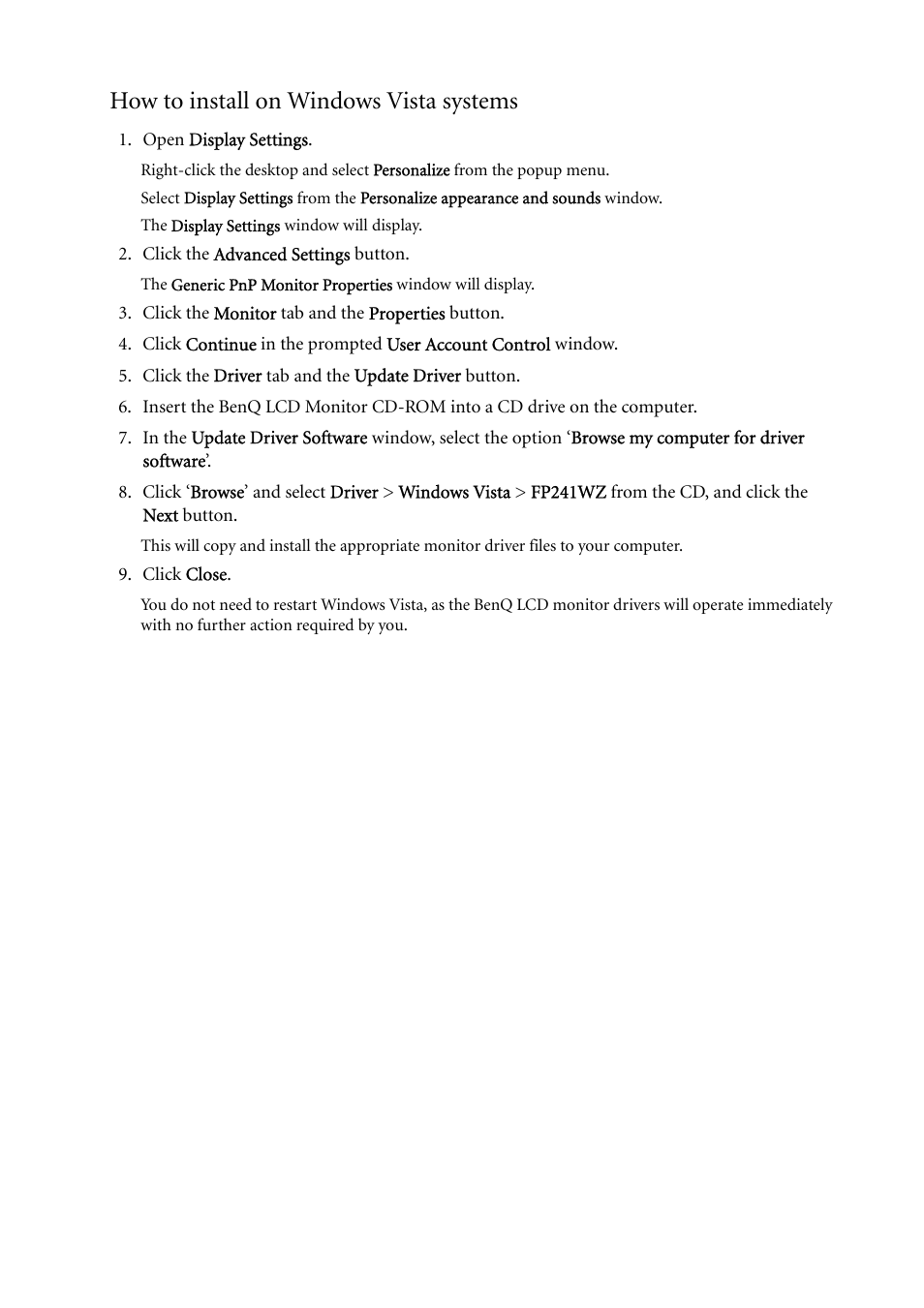 How to install on windows vista systems | BenQ FP241WZ User Manual | Page 20 / 47
