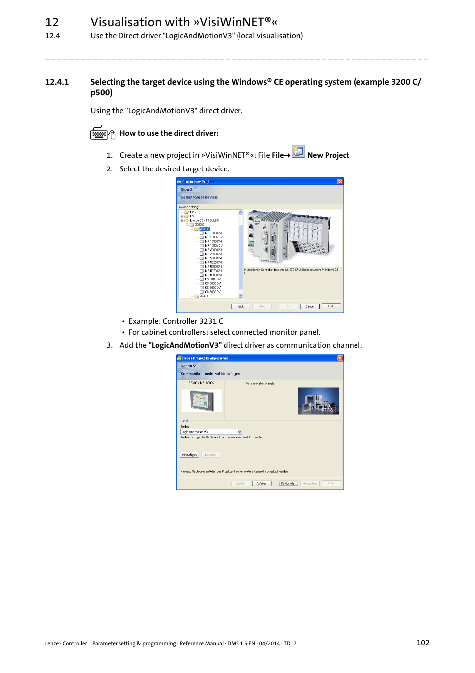 Example 3200 c/p500), 12 visualisation with »visiwinnet | Lenze c300 User Manual | Page 102 / 195