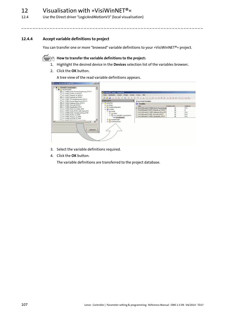 4 accept variable definitions to project, 12 visualisation with »visiwinnet | Lenze c300 User Manual | Page 107 / 195