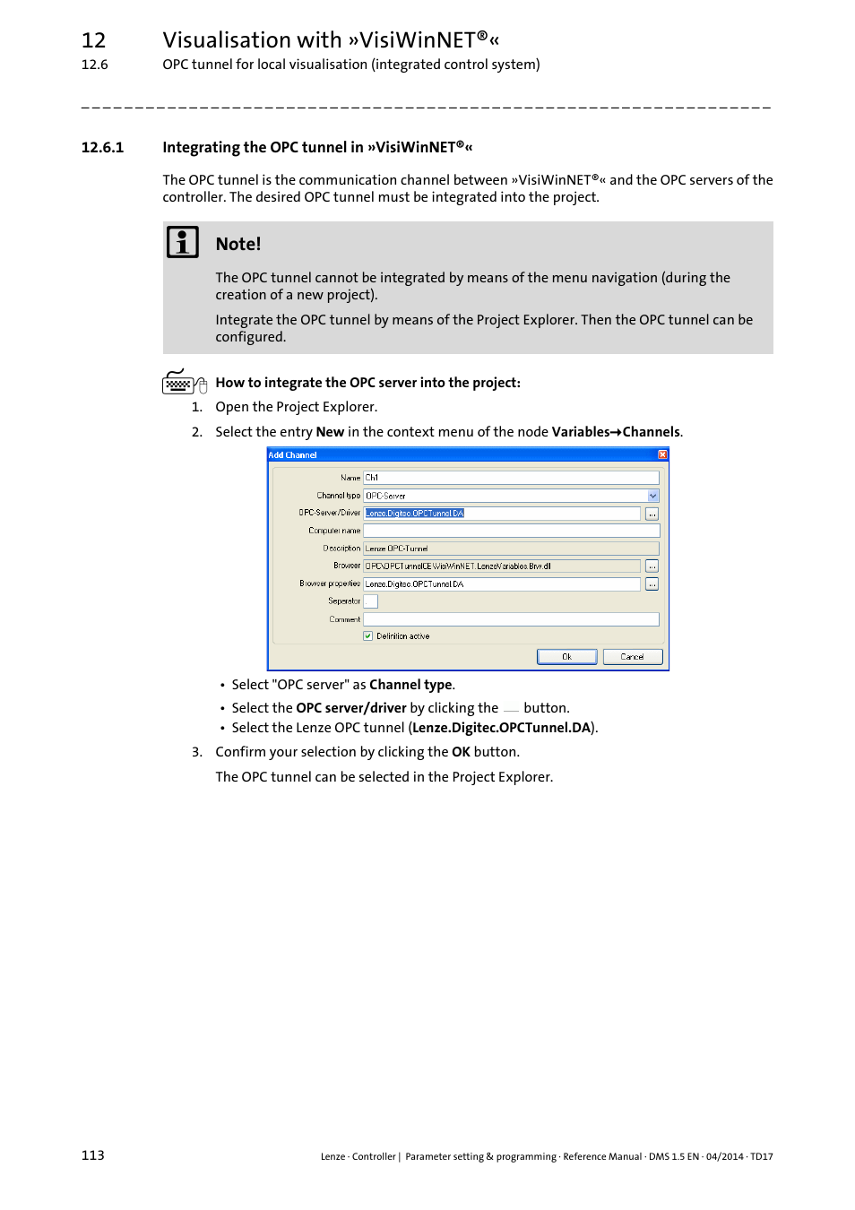 1 integrating the opc tunnel in »visiwinnet, 12 visualisation with »visiwinnet | Lenze c300 User Manual | Page 113 / 195