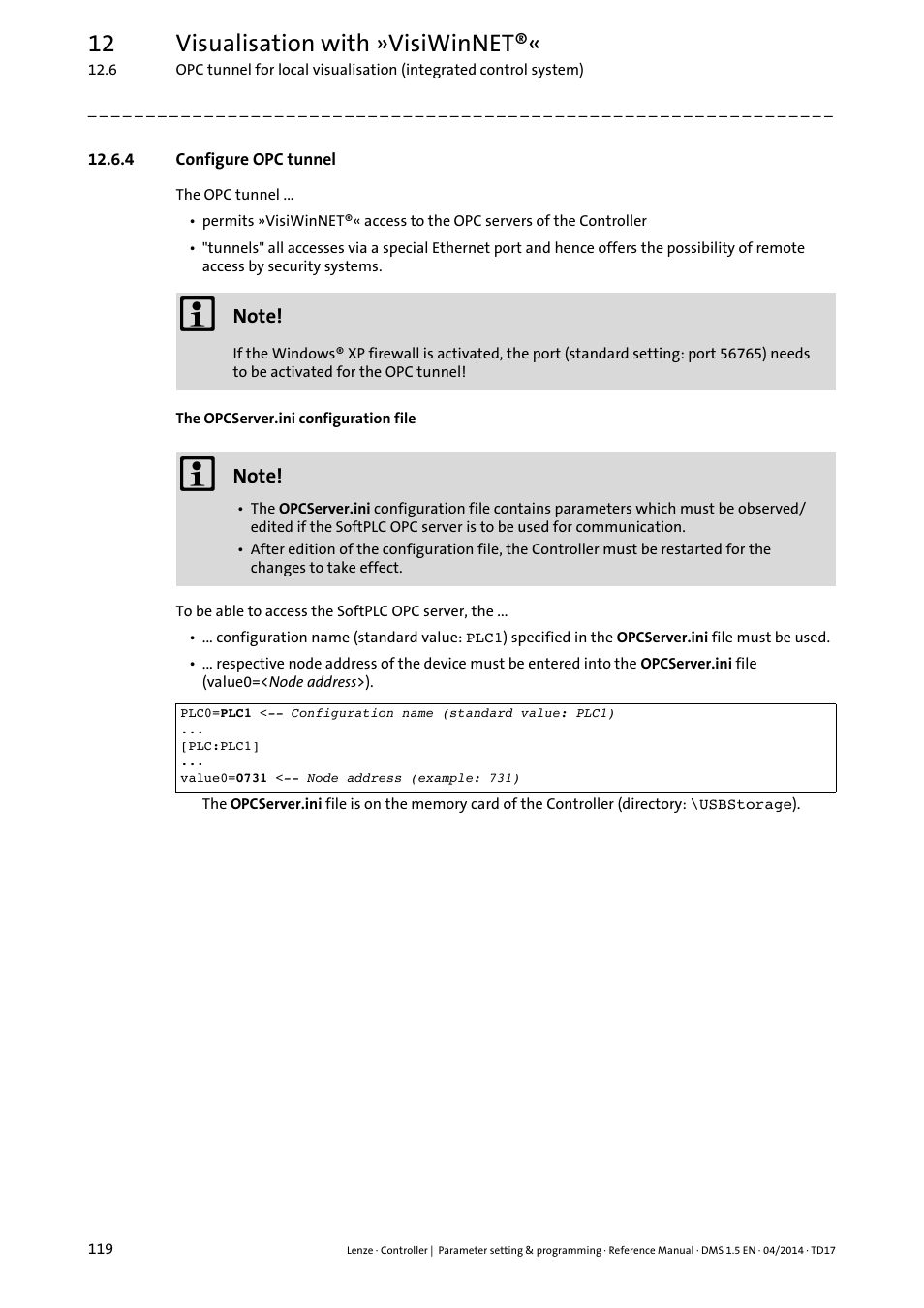 4 configure opc tunnel, Configure opc tunnel ( 119), 12 visualisation with »visiwinnet | Lenze c300 User Manual | Page 119 / 195