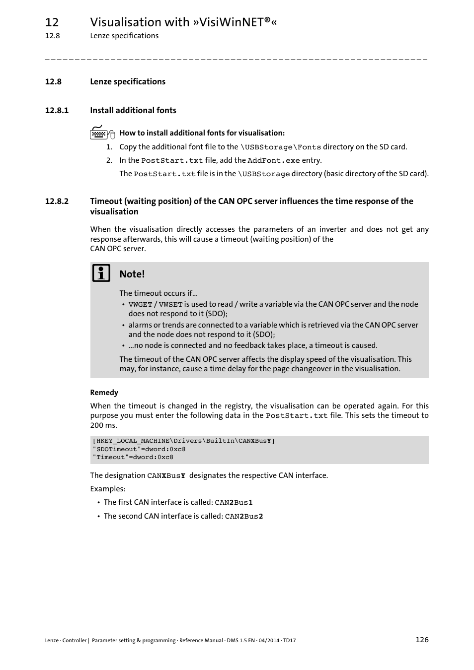 8 lenze specifications, 1 install additional fonts, Visualisation | 12 visualisation with »visiwinnet | Lenze c300 User Manual | Page 126 / 195