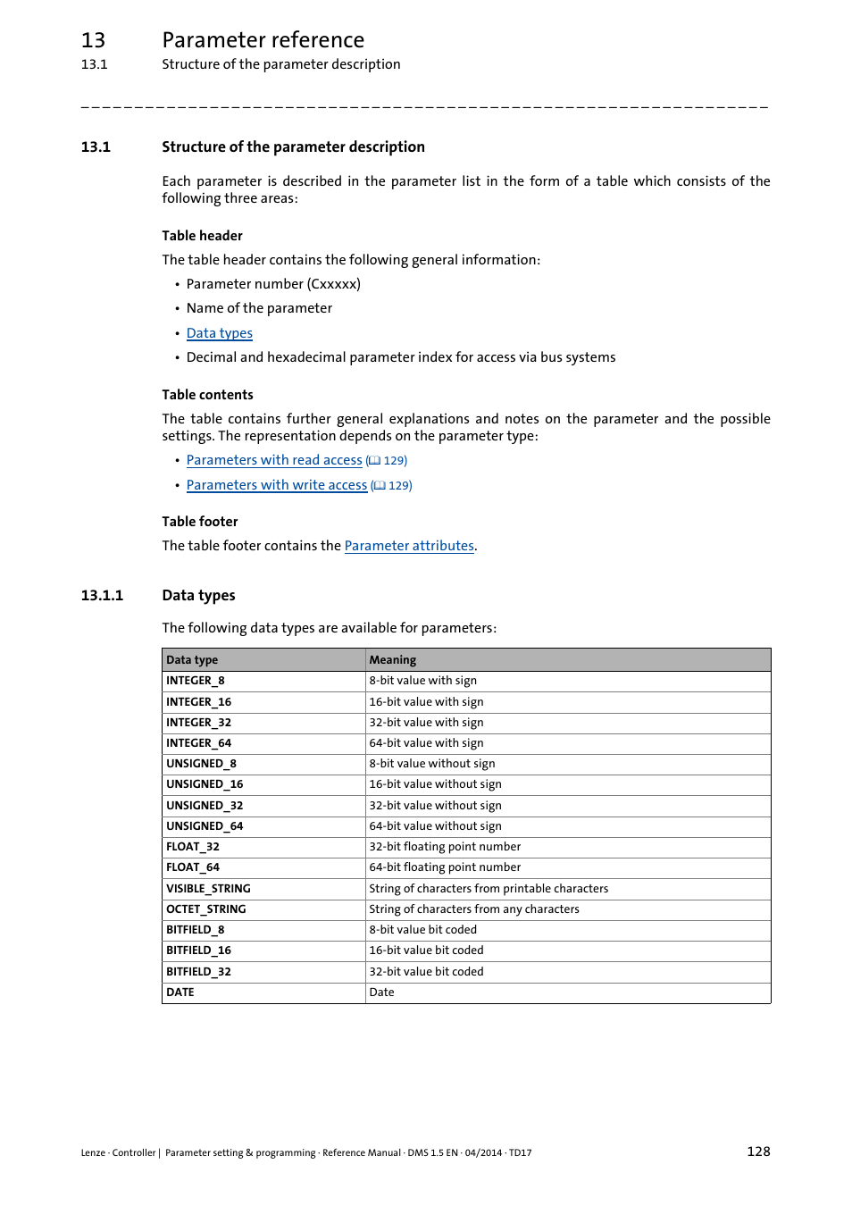 1 structure of the parameter description, 1 data types, 13 parameter reference | Lenze c300 User Manual | Page 128 / 195