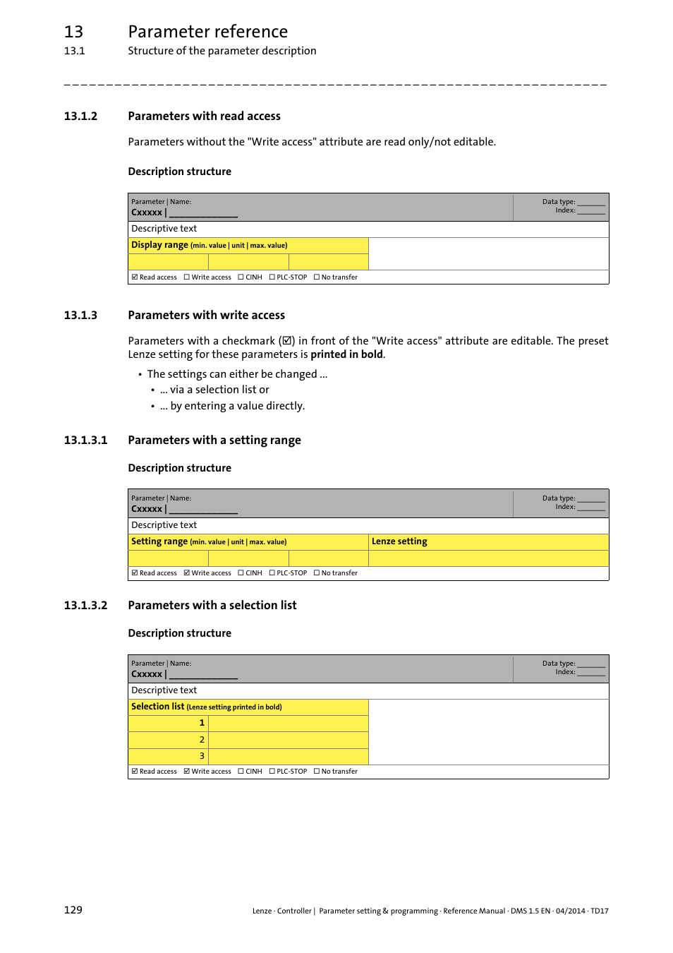 2 parameters with read access, 3 parameters with write access, 1 parameters with a setting range | 2 parameters with a selection list, Parameters with a setting range, Parameters with a selection list, Parameters with read access, Parameters with write access, 13 parameter reference | Lenze c300 User Manual | Page 129 / 195