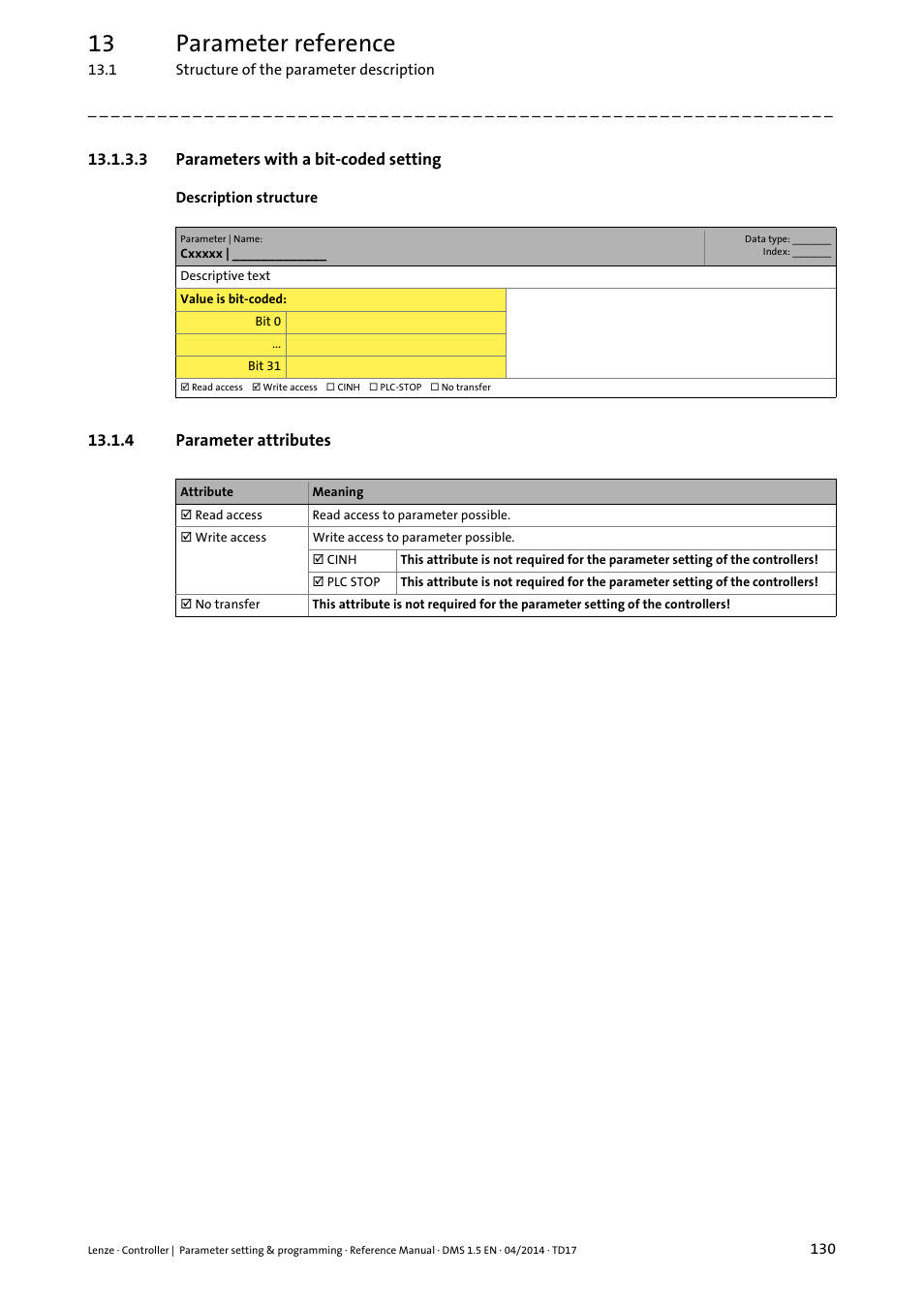 3 parameters with a bit-coded setting, 4 parameter attributes, Parameters with a bit-coded setting | Parameter attributes, 13 parameter reference | Lenze c300 User Manual | Page 130 / 195