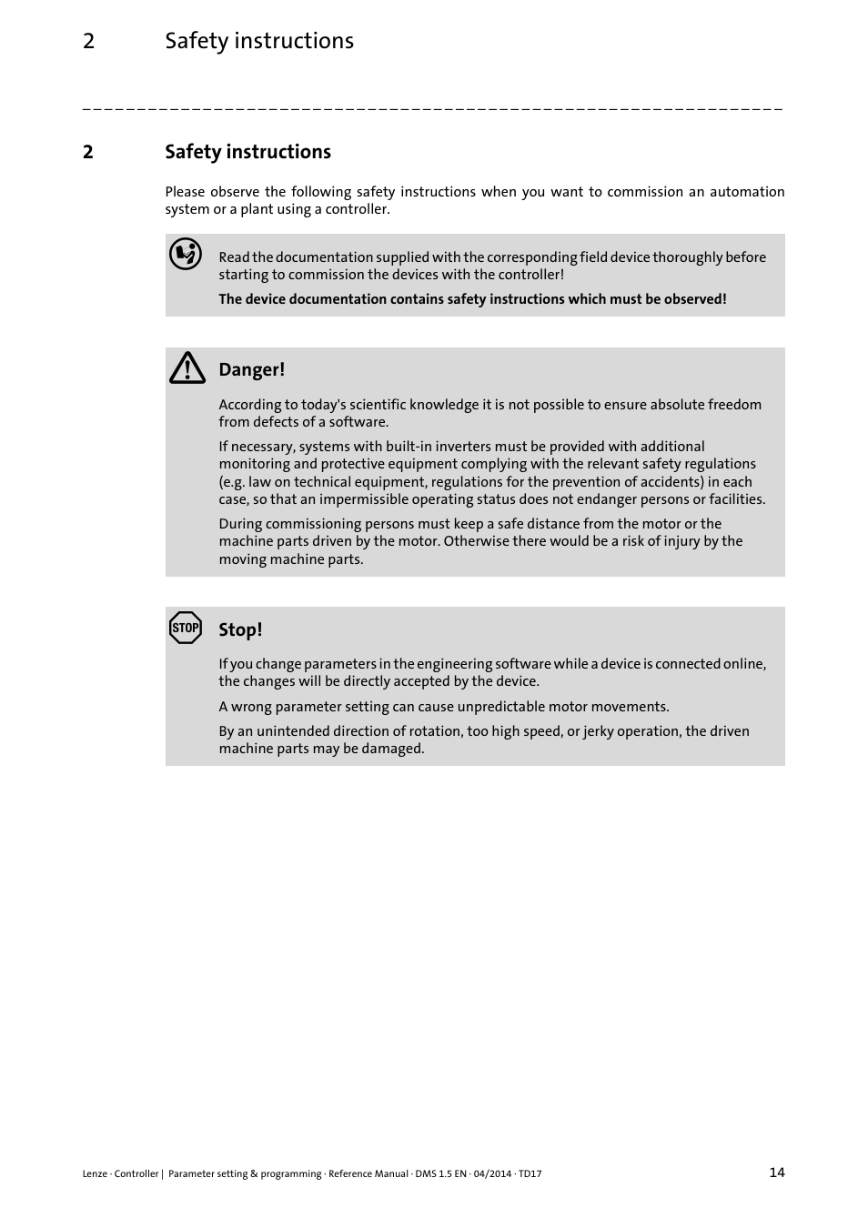 2 safety instructions, Safety instructions, 2safety instructions | Lenze c300 User Manual | Page 14 / 195