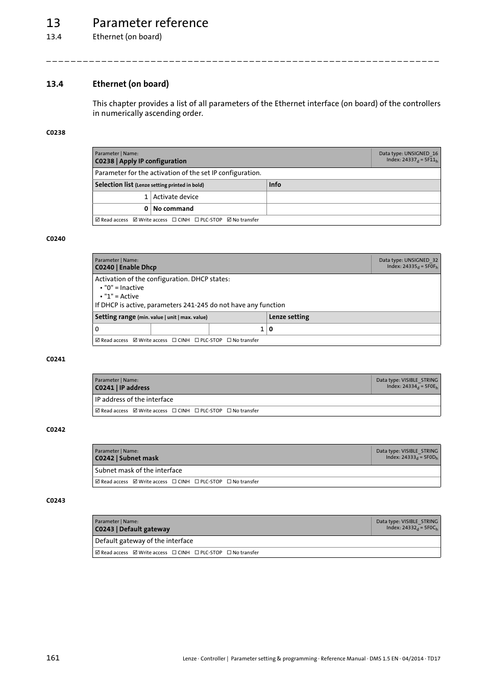 4 ethernet (on board), Ethernet (on board) ( 161), Ethernet (on board) | 13 parameter reference | Lenze c300 User Manual | Page 161 / 195