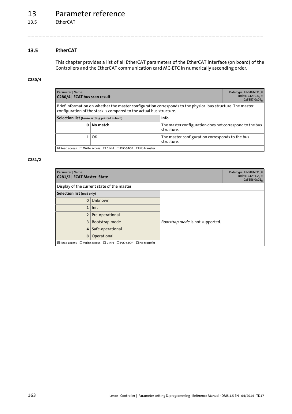 5 ethercat, Ethercat ( 163), Ethercat | 13 parameter reference | Lenze c300 User Manual | Page 163 / 195