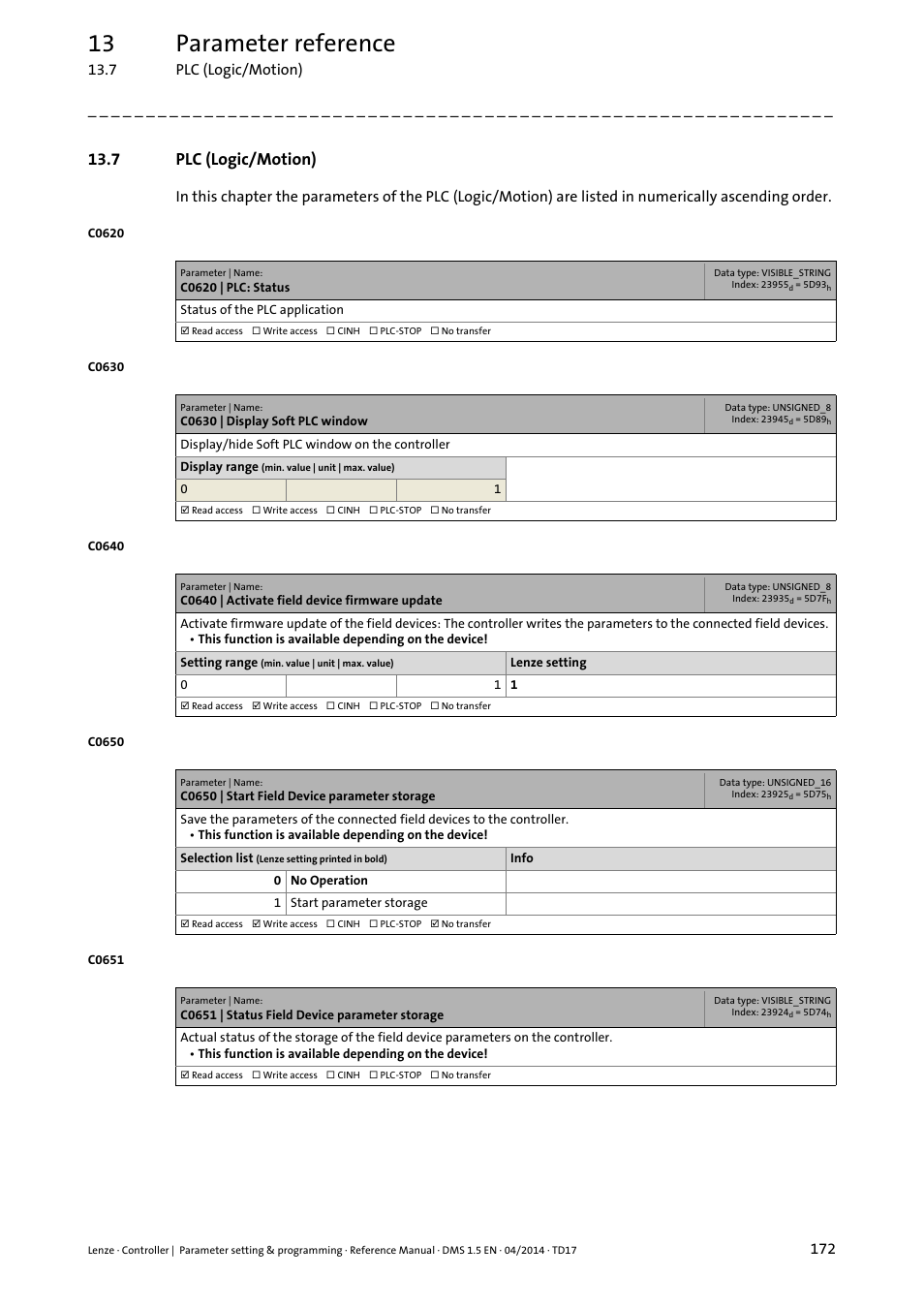 7 plc (logic/motion), Plc (logic/motion) ( 172), Plc (logic/motion) | 13 parameter reference | Lenze c300 User Manual | Page 172 / 195