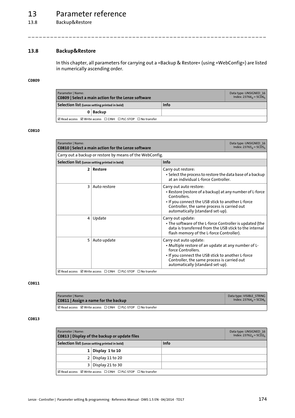 8 backup&restore, Backup&restore ( 174), Backup&restore | 13 parameter reference | Lenze c300 User Manual | Page 174 / 195