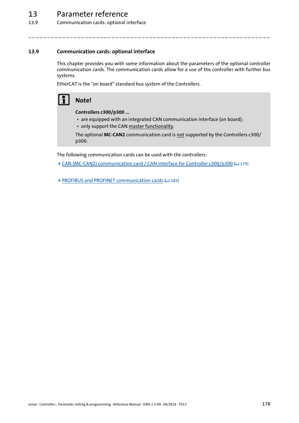 9 communication cards: optional interface, Communication cards: optional interface ( 178), Communication cards: optional interface | 13 parameter reference | Lenze c300 User Manual | Page 178 / 195