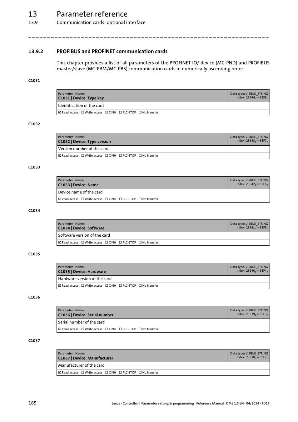 2 profibus and profinet communication cards, Profibus and profinet communication cards, 13 parameter reference | Lenze c300 User Manual | Page 185 / 195