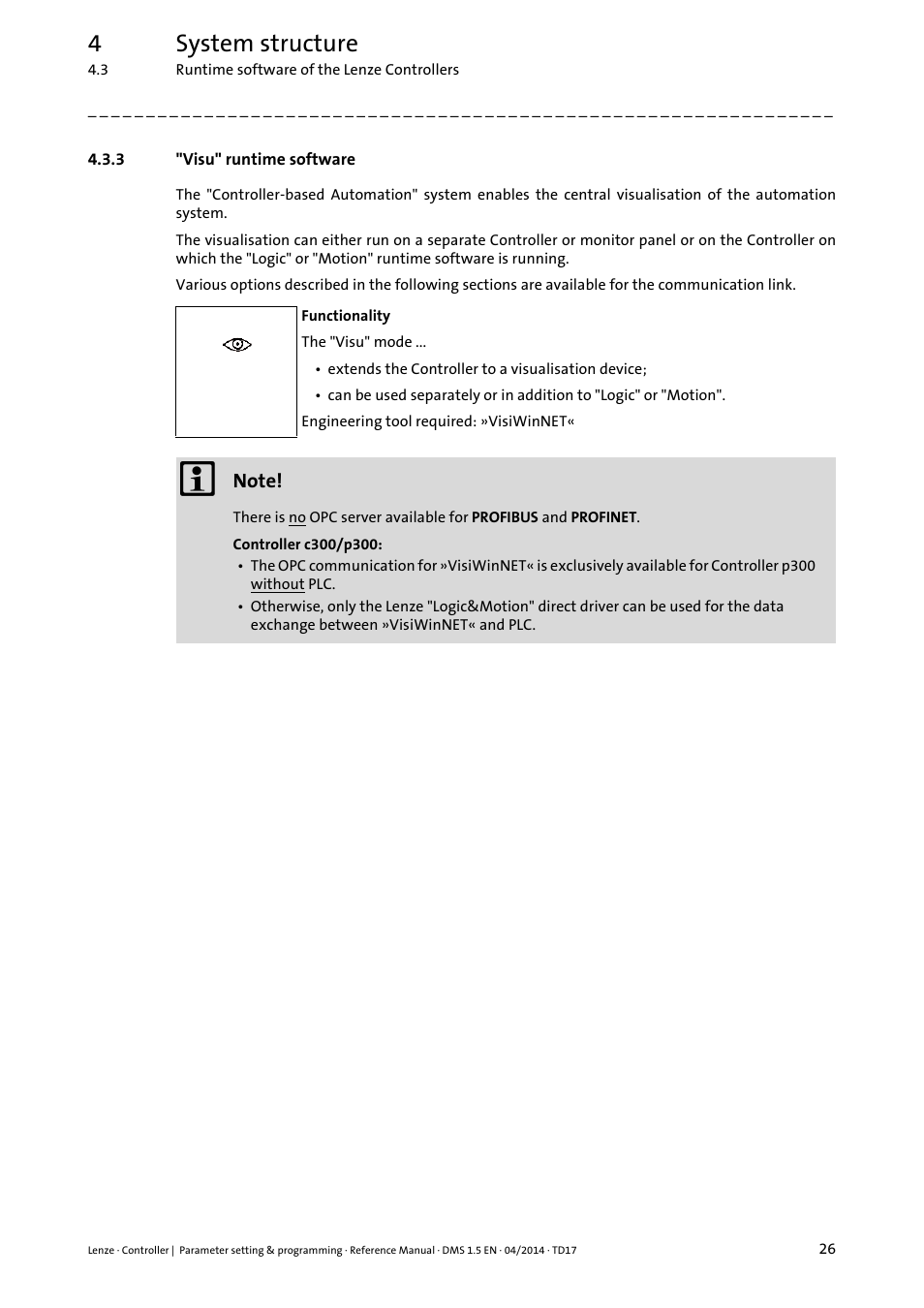 3 "visu" runtime software, Visu" runtime software, 4system structure | Lenze c300 User Manual | Page 26 / 195