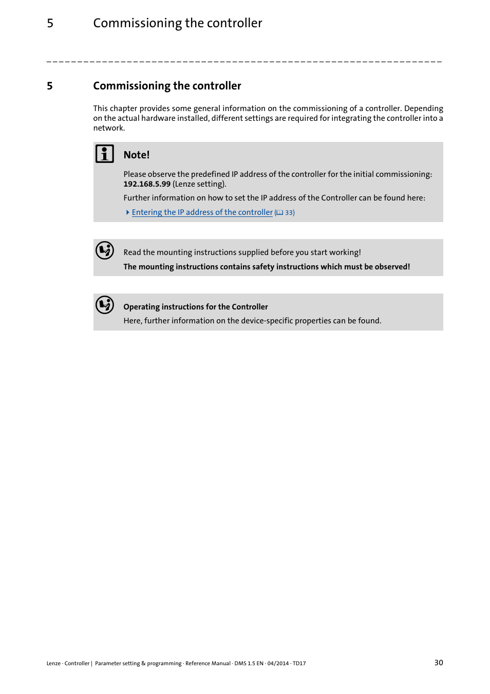 5 commissioning the controller, Commissioning the controller, 5commissioning the controller | Lenze c300 User Manual | Page 30 / 195