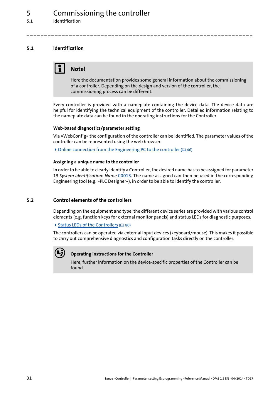 1 identification, 2 control elements of the controllers, Identification | Control elements of the controllers, 5commissioning the controller | Lenze c300 User Manual | Page 31 / 195