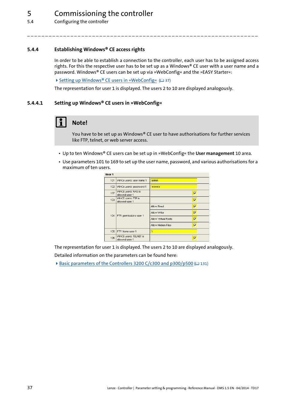 4 establishing windows® ce access rights, 1 setting up windows® ce users in »webconfig, Establishing windows® ce access rights | Setting up windows® ce users in »webconfig, 5commissioning the controller | Lenze c300 User Manual | Page 37 / 195