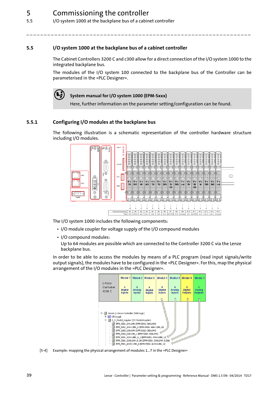 1 configuring i/o modules at the backplane bus, Configuring i/o modules at the backplane bus, 5commissioning the controller | Lenze c300 User Manual | Page 39 / 195