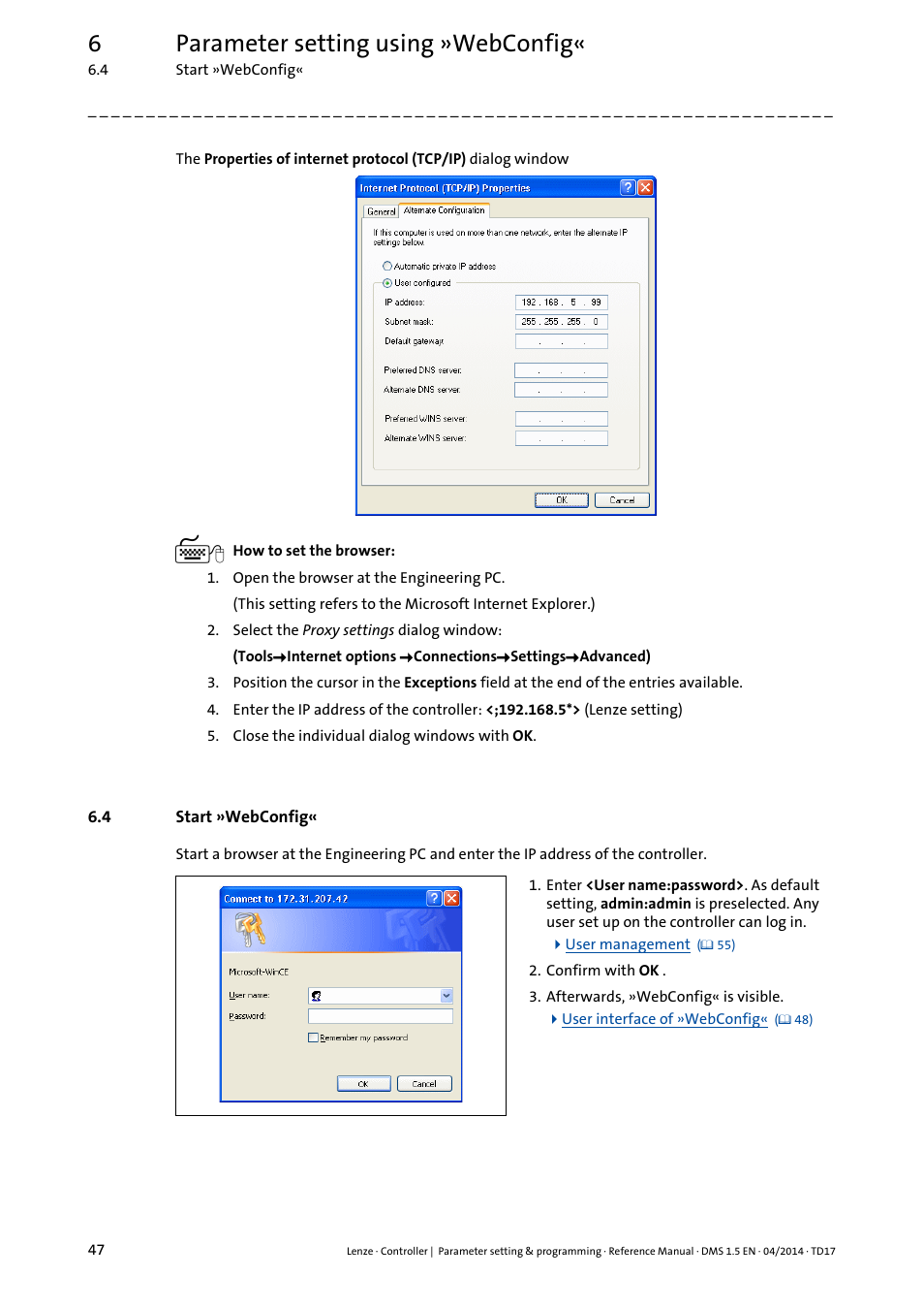 4 start »webconfig, Start »webconfig, 6parameter setting using »webconfig | Lenze c300 User Manual | Page 47 / 195