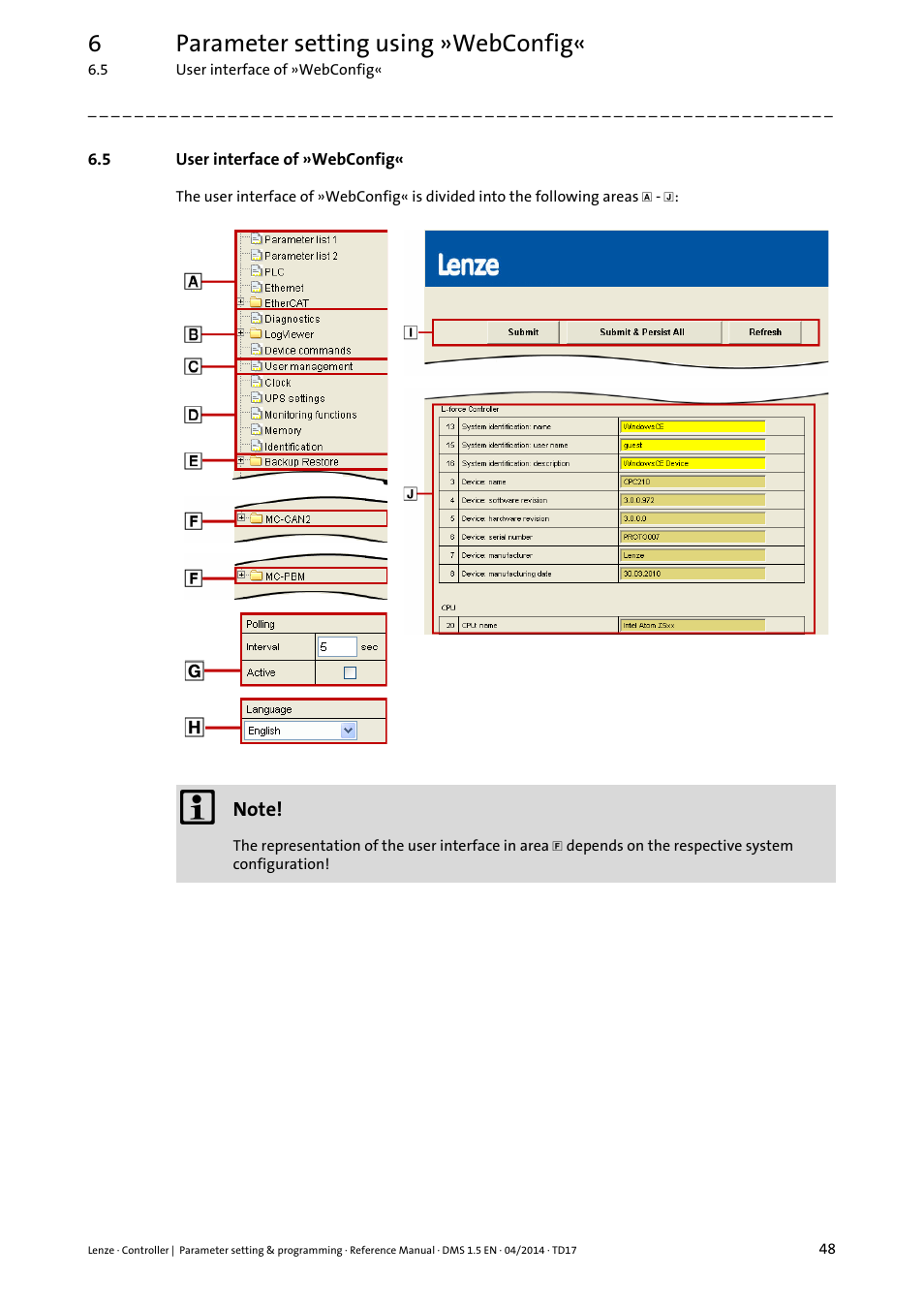 5 user interface of »webconfig, User interface of »webconfig, 6parameter setting using »webconfig | Lenze c300 User Manual | Page 48 / 195