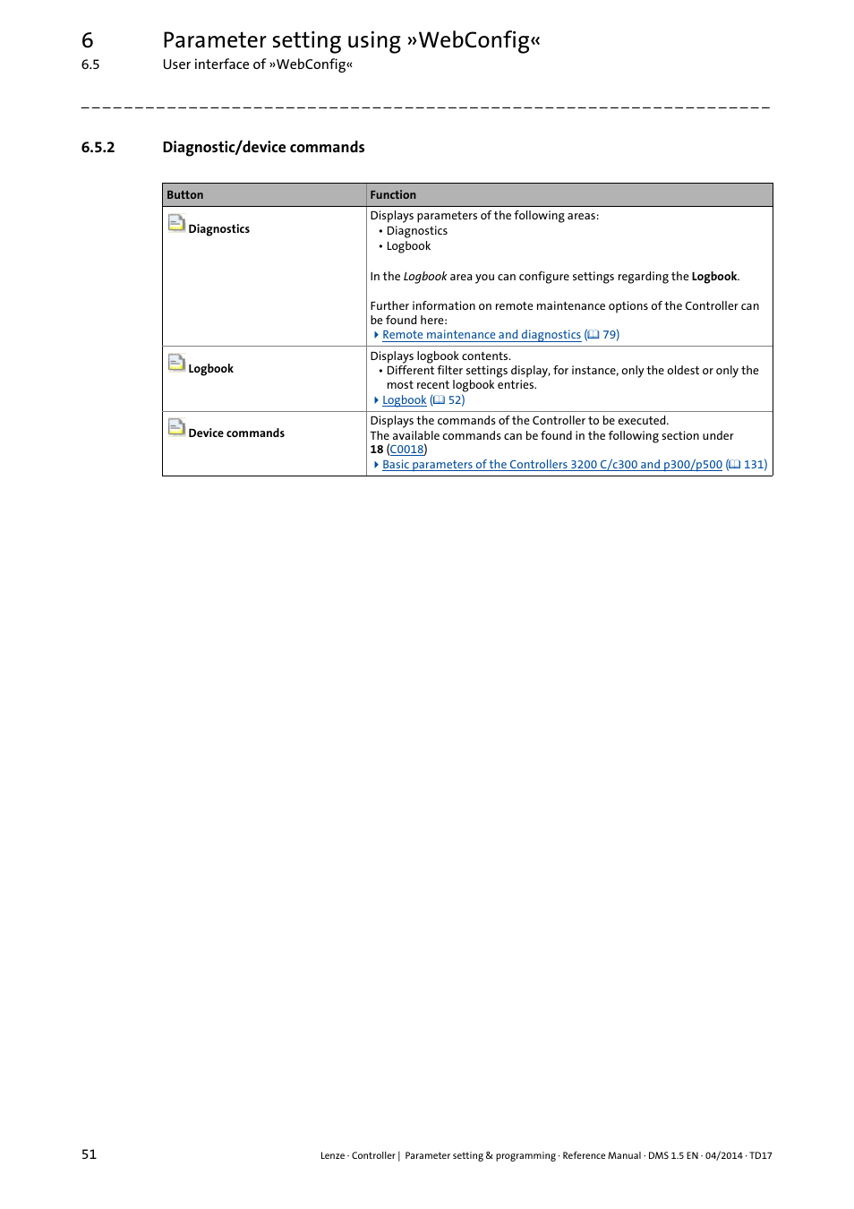 2 diagnostic/device commands, Diagnostic/device commands, Diagnostic/device commands ( 51) | 6parameter setting using »webconfig | Lenze c300 User Manual | Page 51 / 195